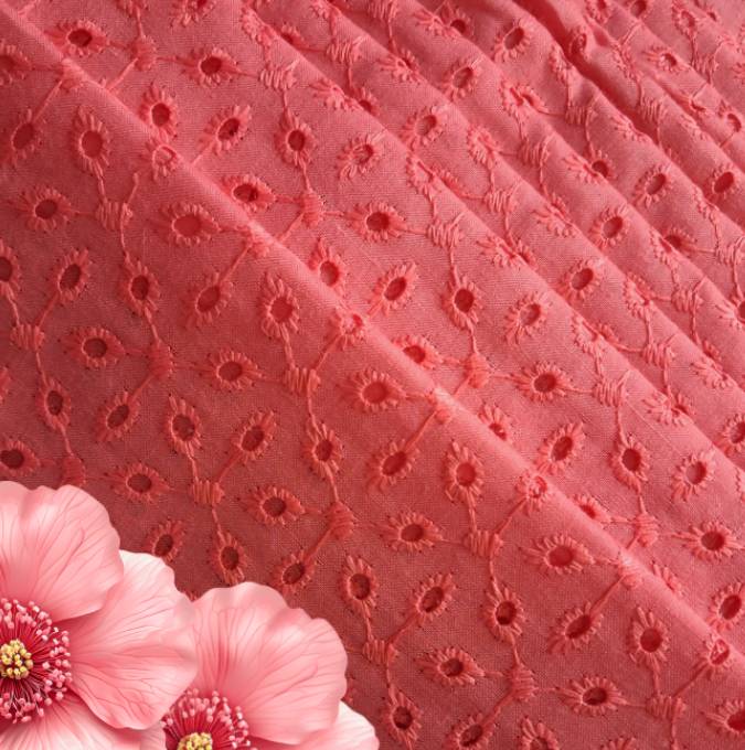 Tomato Shade Premium Embroidered Cotton Hakoba Fabric