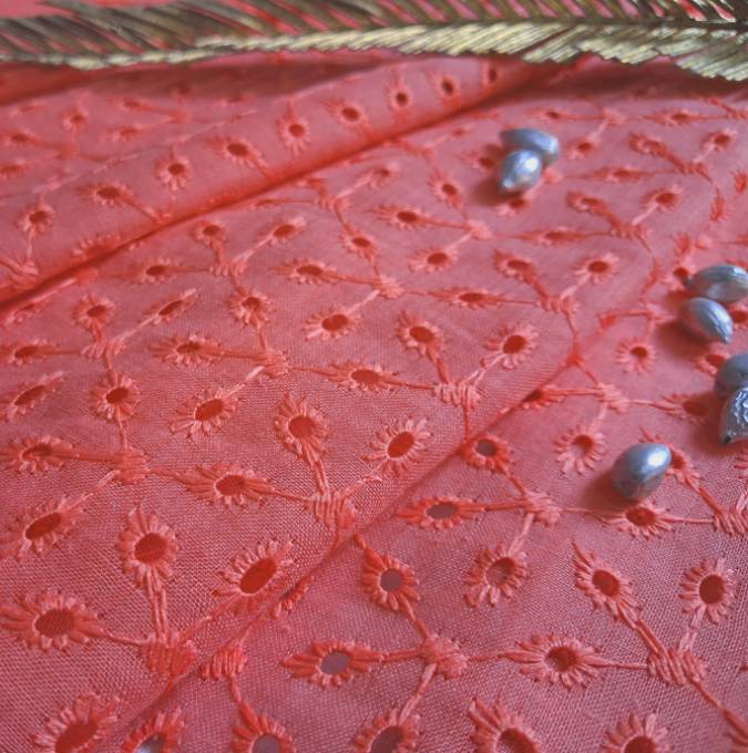 Tomato Shade Premium Embroidered Cotton Hakoba Fabric