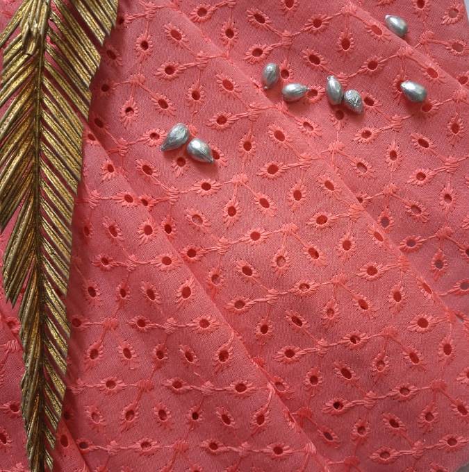 Tomato Shade Premium Embroidered Cotton Hakoba Fabric