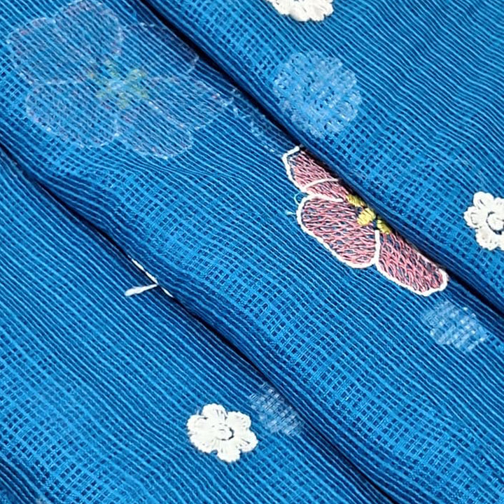 Kota Checks Embroidery Unstitched  Fabric |  Beautiful Flower Design | Perfect for Kurti, Gown, & Ethnic Wear (Peacock Blue)
