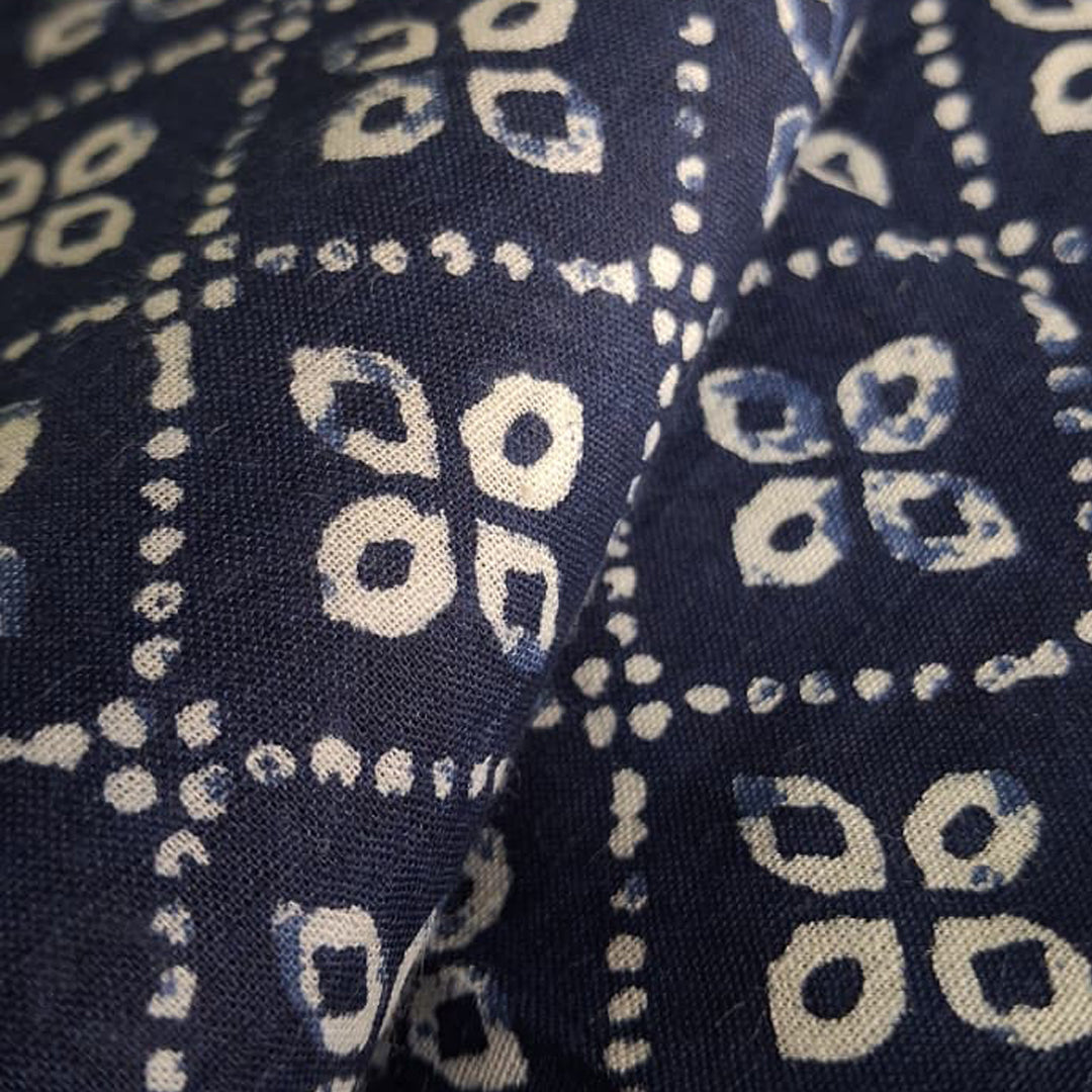 Navy Blue With White Floral Printed Cotton Fabric