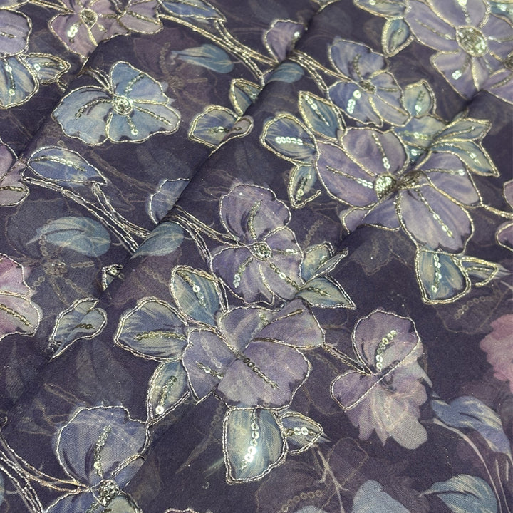 Dark Lavender Organza Embroidered Fabric