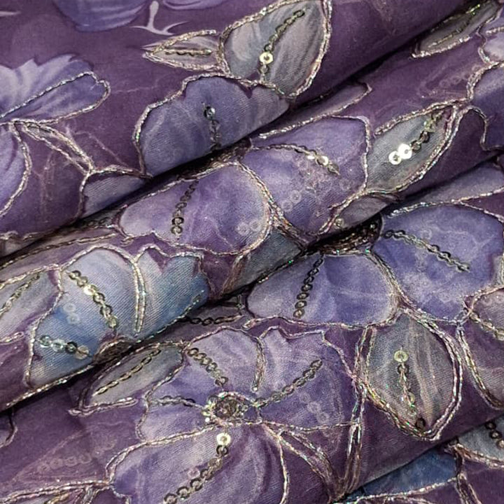 Deep Violet Elegant Organza Embroidered Fabric