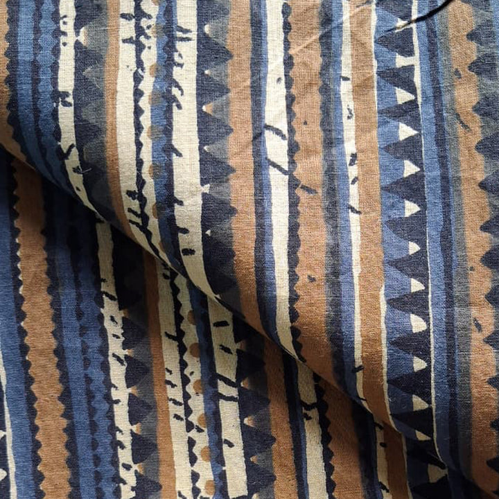 Beige Brown With mix blue Printed Cotton Fabric