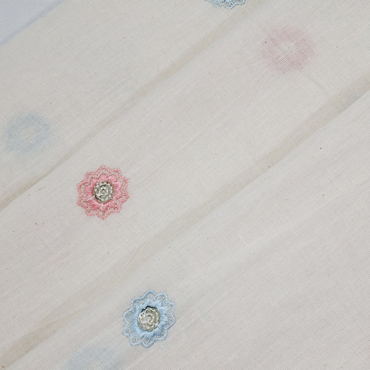 Kora Cotton With Multicolour Zigzag Petal Floral Butti Embroidery work |Soft Handloom Look | Ideal for Kurtis, Blouses & Dupattas