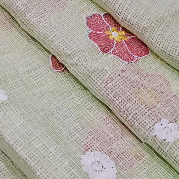 Kota Checks Embroidery Unstitched  Fabric |  Beautiful Flower Design | Perfect for Kurti, Gown, & Ethnic Wear (Pista)