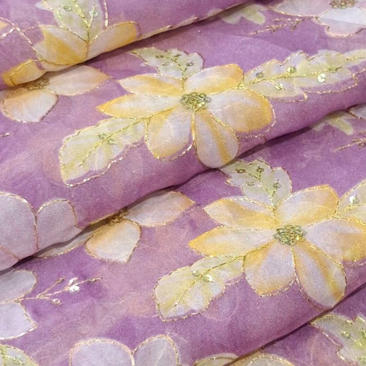 Lavender With Pastel Yellow Organza Embroidered Fabric