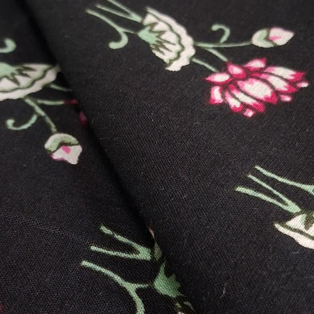 Black Floral Printed Cotton Fabric