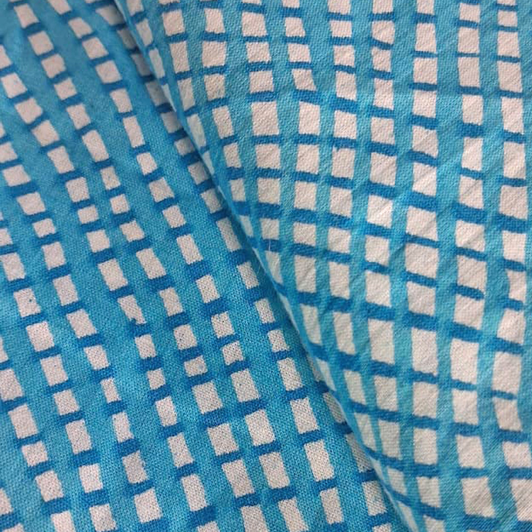 Sky blue with white Printed Cotton Fabric