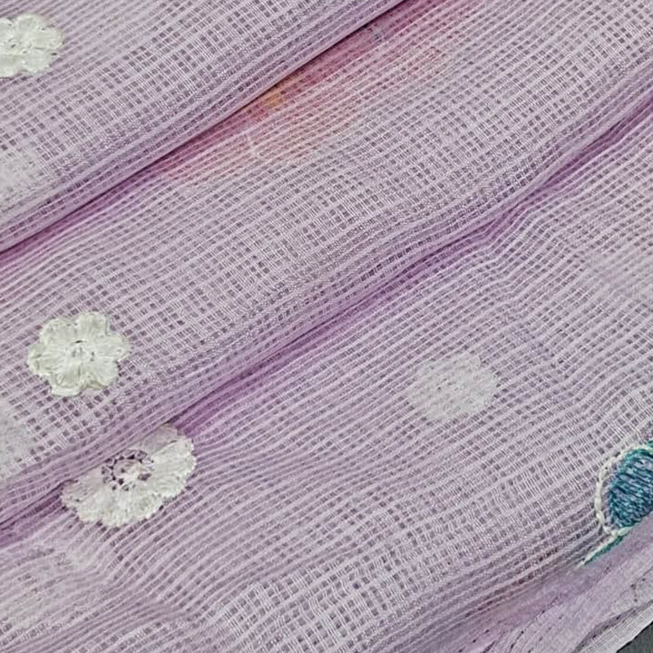 Kota Checks Embroidery Unstitched  Fabric |  Beautiful Flower Design | Perfect for Kurti, Gown, & Ethnic Wear (Lavender)