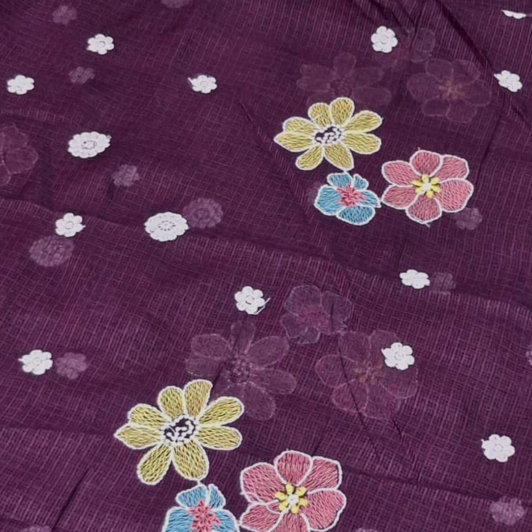 Kota Checks Embroidery Unstitched  Fabric |  Beautiful Flower Design | Perfect for Kurti, Gown, & Ethnic Wear (Wine)