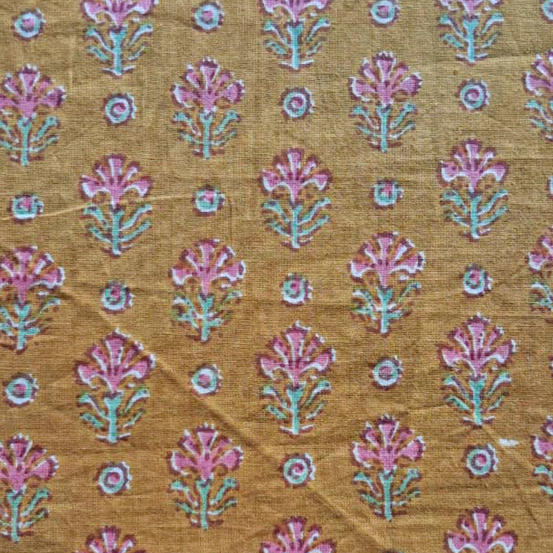 Mustard yellow with small floral Printed Cotton Fabric