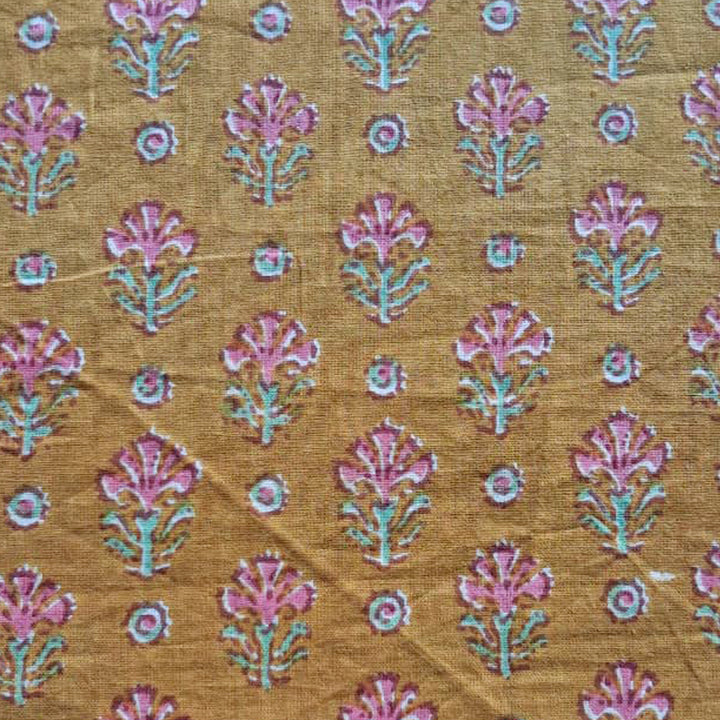 Mustard yellow with small floral Printed Cotton Fabric