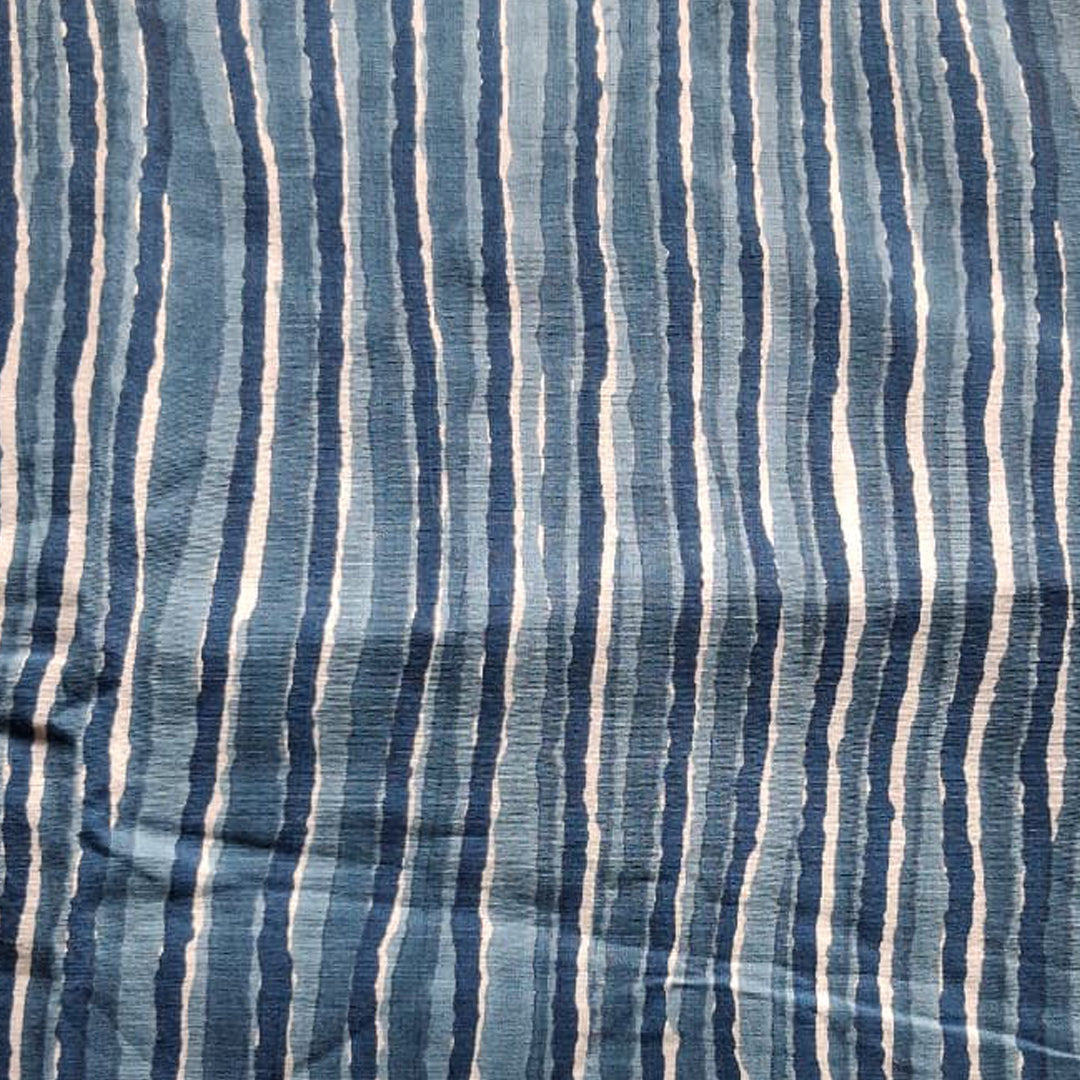Denim Blue With Stripes Printed Cotton Fabric