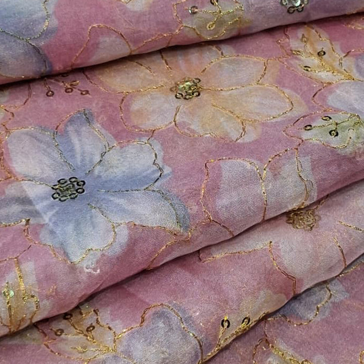 Rose Pink Organza Embroidered Fabric