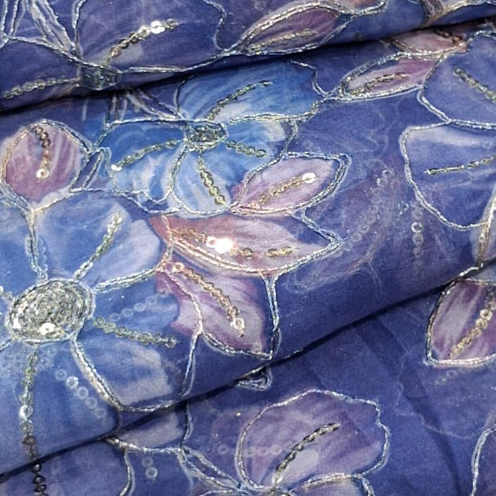 Royal Blue Elegant Organza Embroidered Fabric