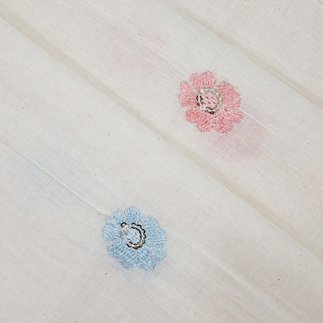 Kora Cotton Fabric with Beautiful Multicolour Floral Embroidery | Soft Handloom Look | Ideal for Kurtis, Blouses & Dupattas