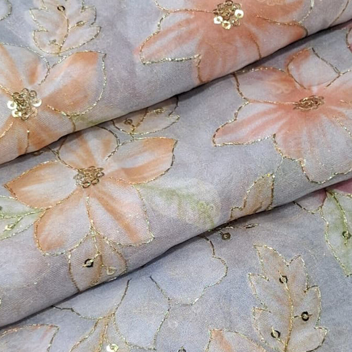 Pearl Grey Organza Embroidered Fabric