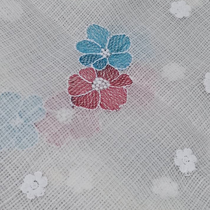 Kota Checks Embroidery Unstitched  Fabric |  Beautiful Flower Design | Perfect for Kurti, Gown, & Ethnic Wear (Cream)