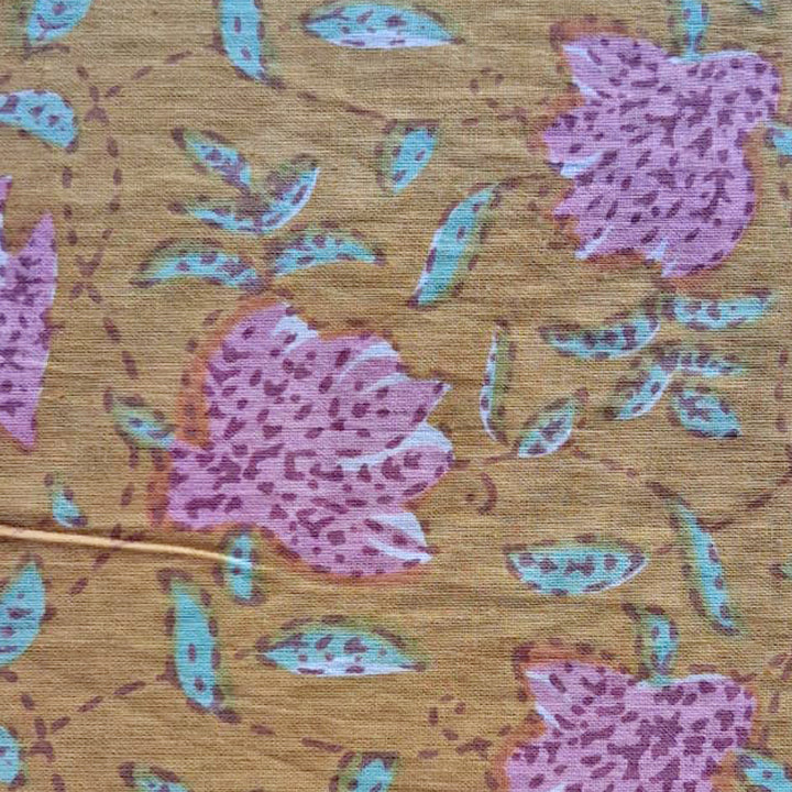 Mustard yellow with pink floral Printed Cotton Fabric