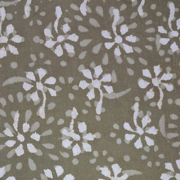 Mehandi Shade With White Flower Hand Block Dabu Cotton Fabric