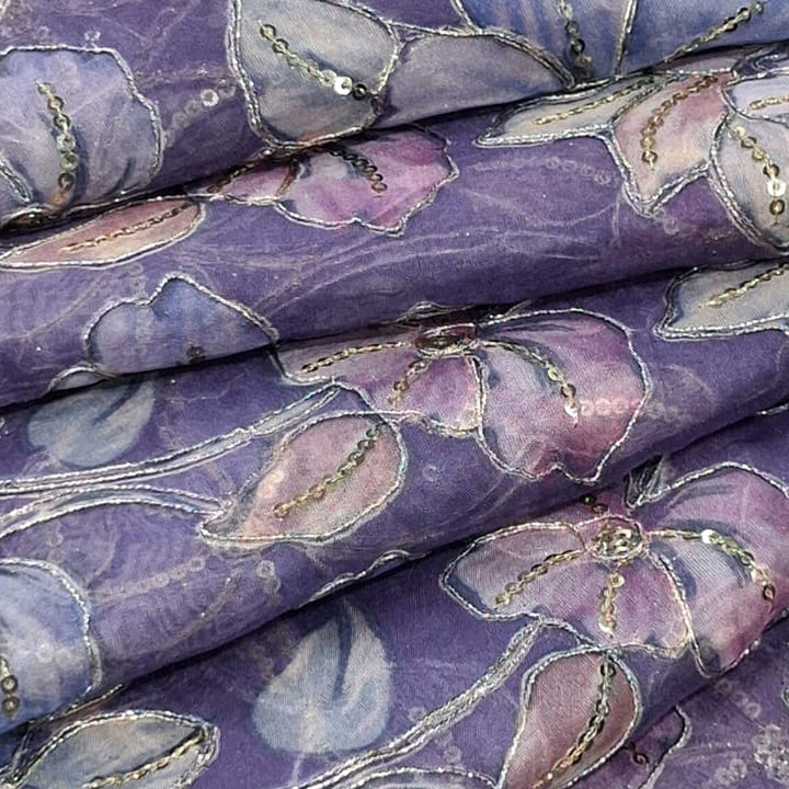 Dark Purple Elegant Organza Embroidered Fabric