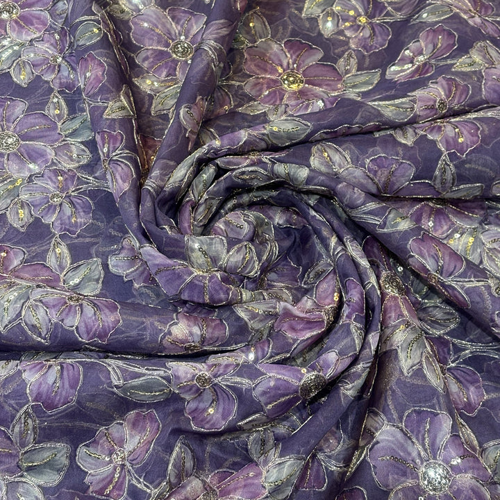 Lavender Plum Organza Embroidered Fabric
