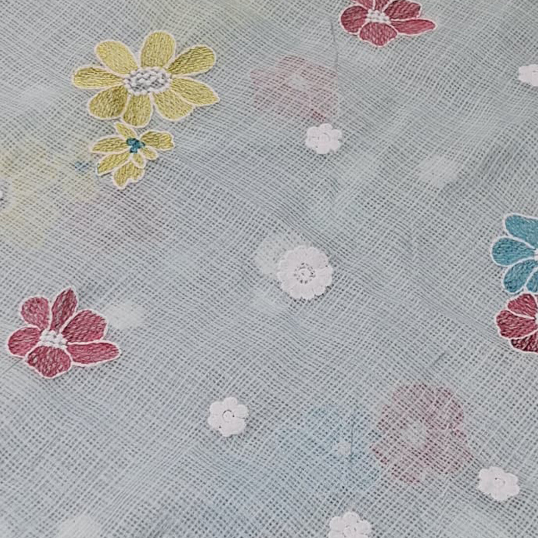 Kota Checks Embroidery Unstitched  Fabric |  Beautiful Flower Design | Perfect for Kurti, Gown, & Ethnic Wear (Patel Sky Blue)