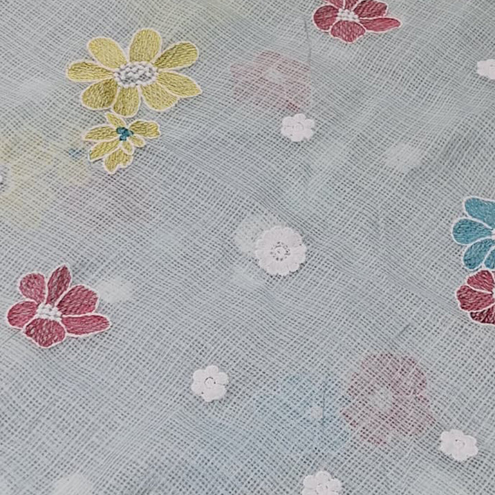 Kota Checks Embroidery Unstitched  Fabric |  Beautiful Flower Design | Perfect for Kurti, Gown, & Ethnic Wear (Patel Sky Blue)