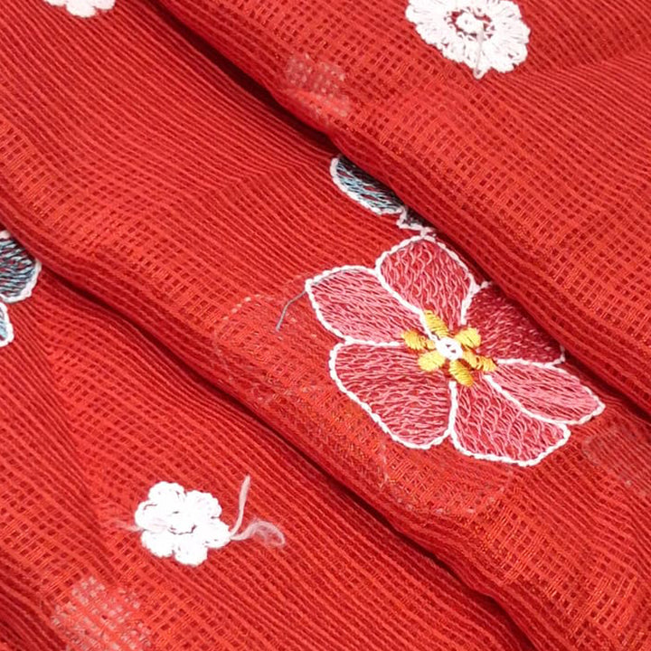 Kota Checks Embroidery Unstitched  Fabric |  Beautiful Flower Design | Perfect for Kurti, Gown, & Ethnic Wear (Dark Red)