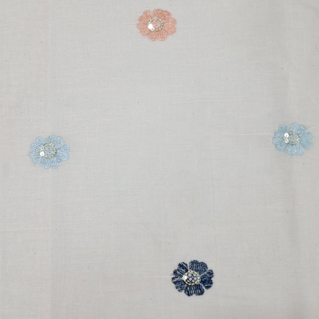 Kora Cotton Fabric with Beautiful Multicolour Floral Embroidery | Soft Handloom Look | Ideal for Kurtis, Blouses & Dupattas