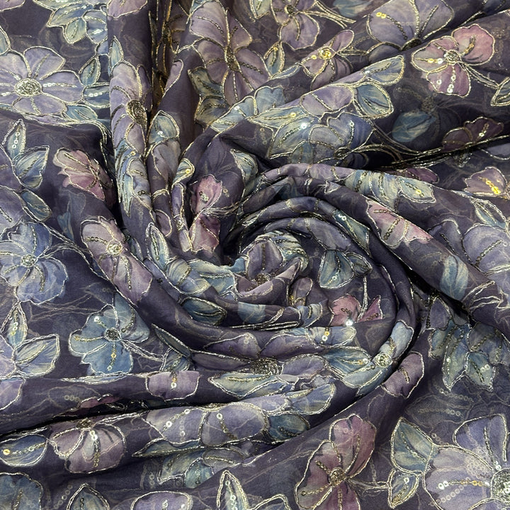 Dark Lavender Organza Embroidered Fabric