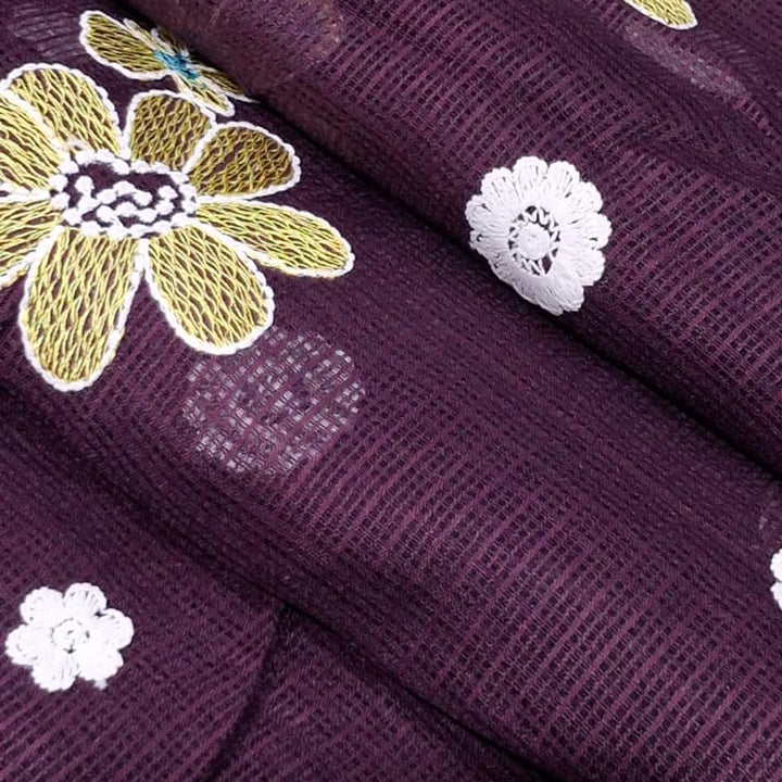 Kota Checks Embroidery Unstitched  Fabric |  Beautiful Flower Design | Perfect for Kurti, Gown, & Ethnic Wear (Wine)