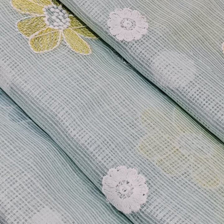 Kota Checks Embroidery Unstitched  Fabric |  Beautiful Flower Design | Perfect for Kurti, Gown, & Ethnic Wear (Patel Sky Blue)