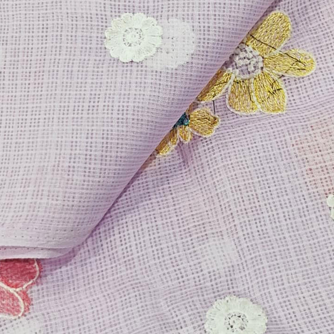 Kota Checks Embroidery Unstitched  Fabric |  Beautiful Flower Design | Perfect for Kurti, Gown, & Ethnic Wear (Lavender)