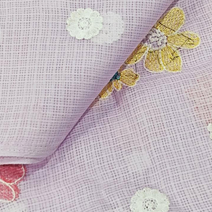 Kota Checks Embroidery Unstitched  Fabric |  Beautiful Flower Design | Perfect for Kurti, Gown, & Ethnic Wear (Lavender)