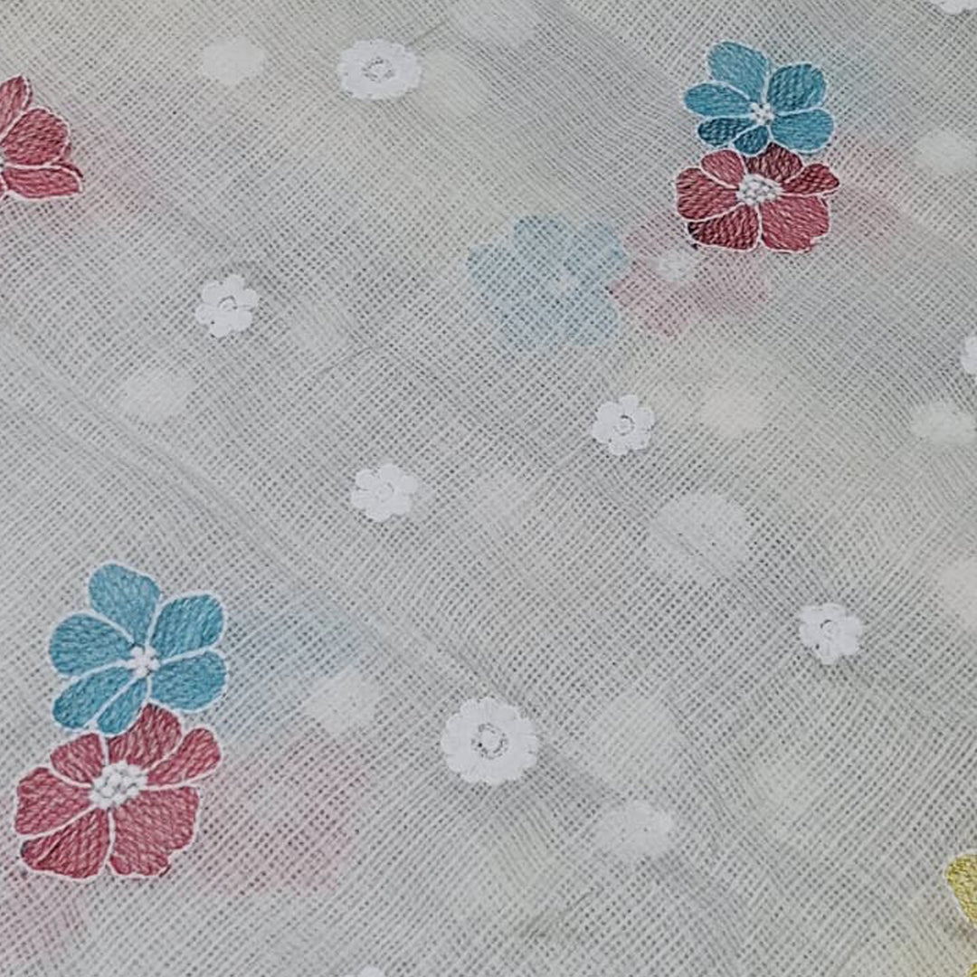 Kota Checks Embroidery Unstitched  Fabric |  Beautiful Flower Design | Perfect for Kurti, Gown, & Ethnic Wear (Cream)
