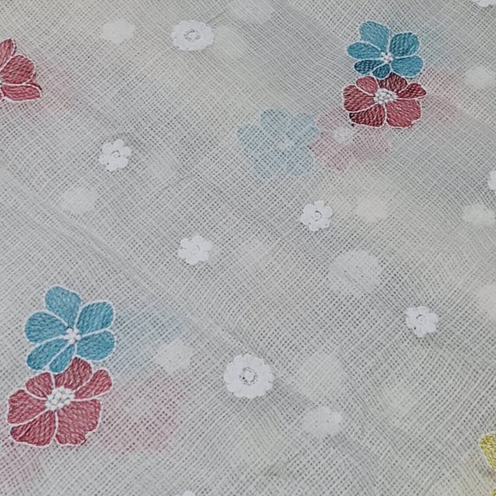 Kota Checks Embroidery Unstitched  Fabric |  Beautiful Flower Design | Perfect for Kurti, Gown, & Ethnic Wear (Cream)