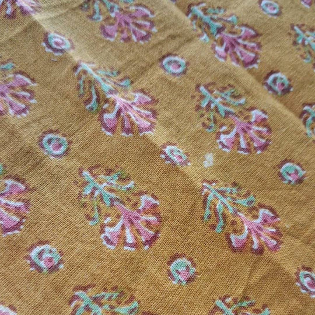 Mustard yellow with small floral Printed Cotton Fabric