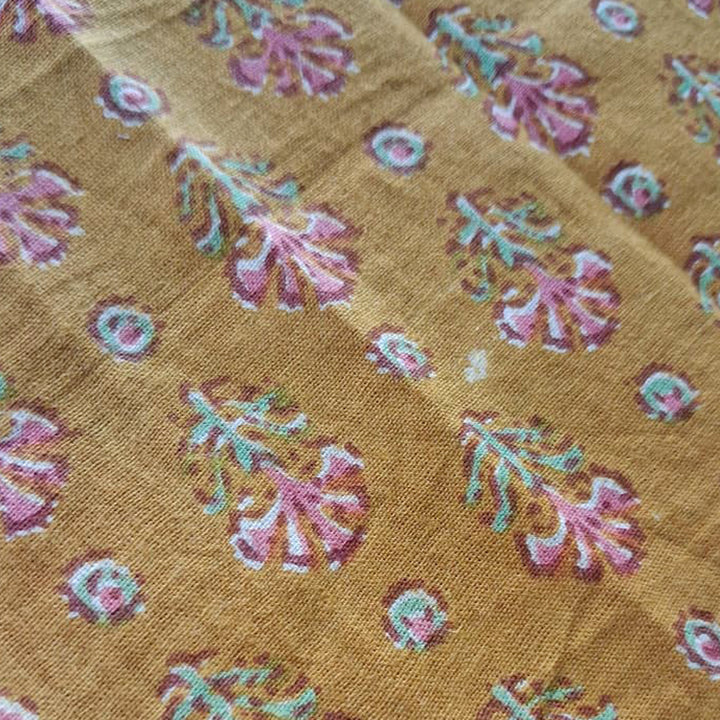 Mustard yellow with small floral Printed Cotton Fabric