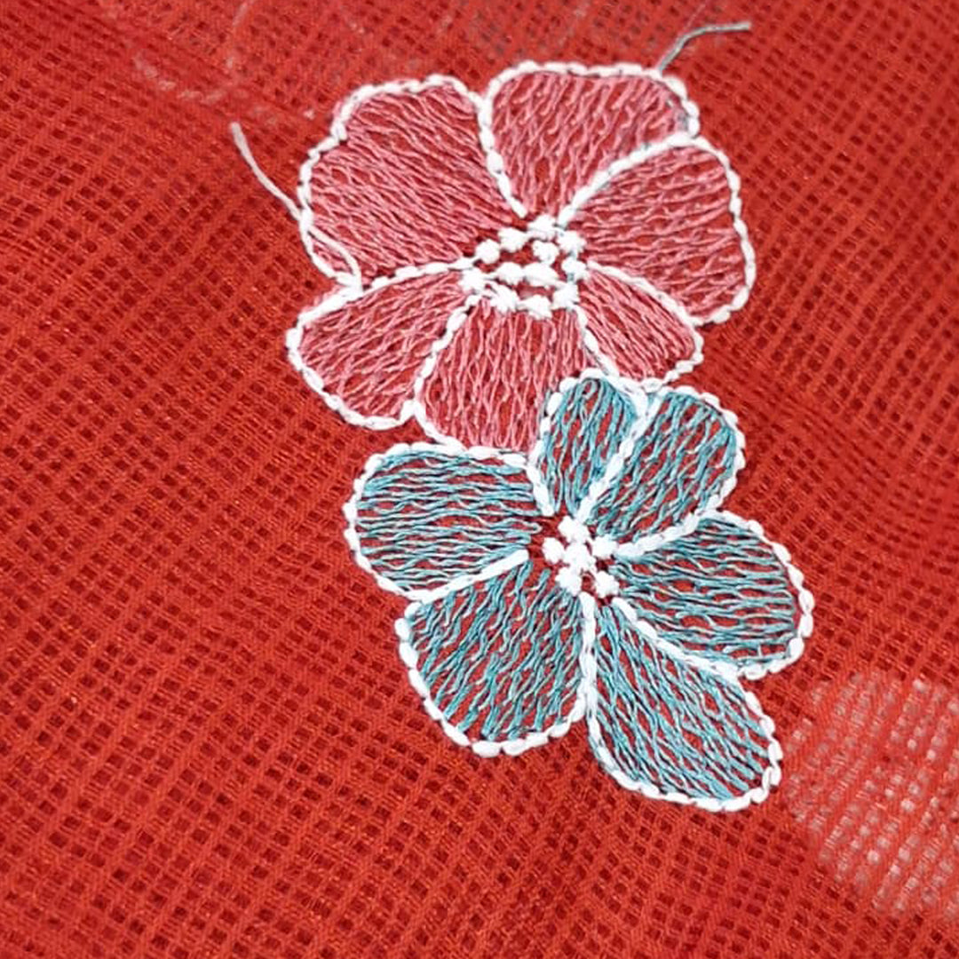 Kota Checks Embroidery Unstitched  Fabric |  Beautiful Flower Design | Perfect for Kurti, Gown, & Ethnic Wear (Dark Red)