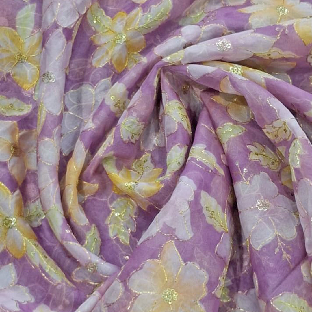 Lavender With Pastel Yellow Organza Embroidered Fabric