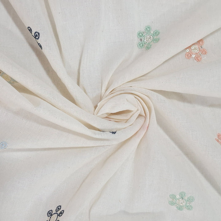 Kora Cotton With Multicolor Floral Butti Embroidery |  Soft & Elegant |  Ideal for Kurtis, & Dupattas
