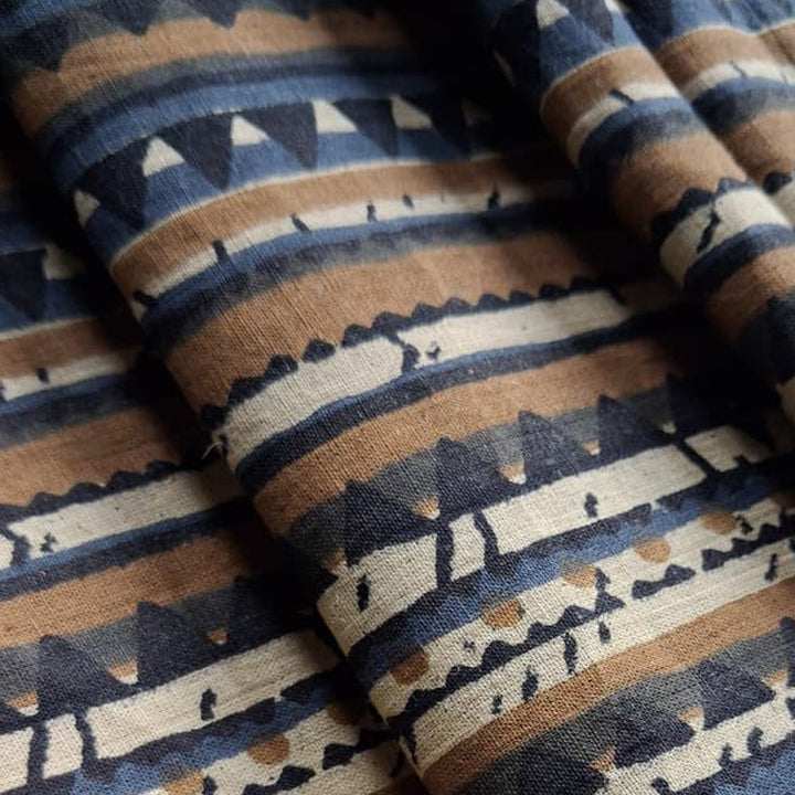 Beige Brown With mix blue Printed Cotton Fabric
