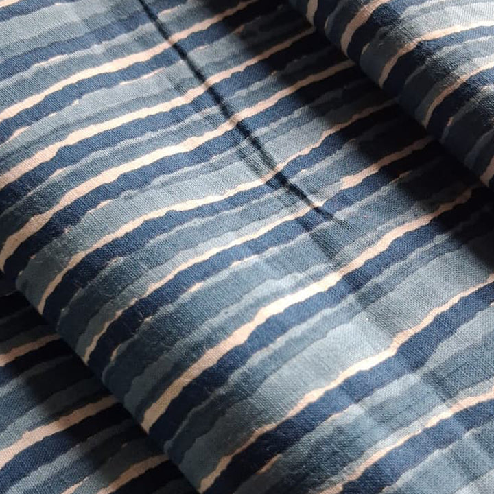 Denim Blue With Stripes Printed Cotton Fabric