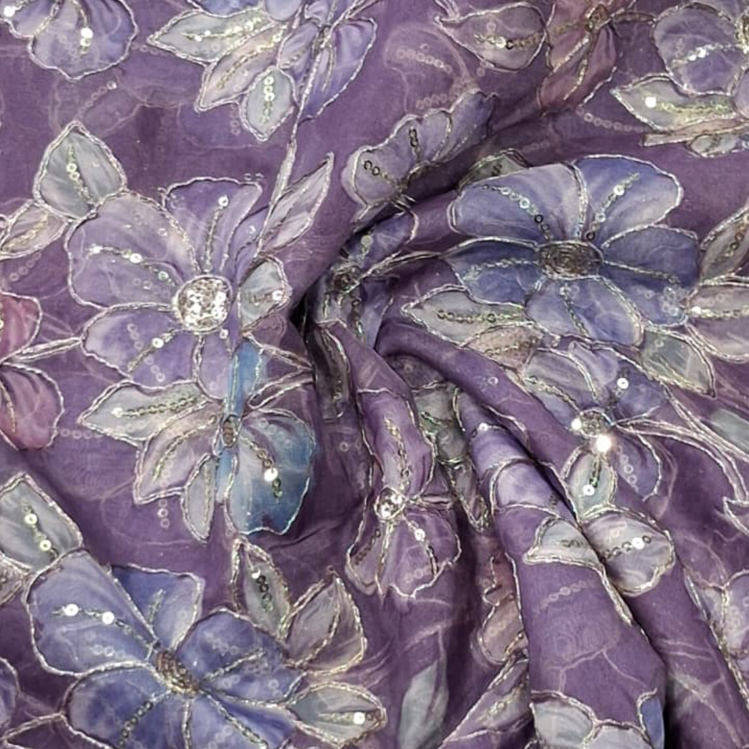 Deep Violet Elegant Organza Embroidered Fabric