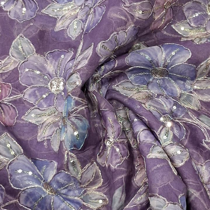 Deep Violet Elegant Organza Embroidered Fabric