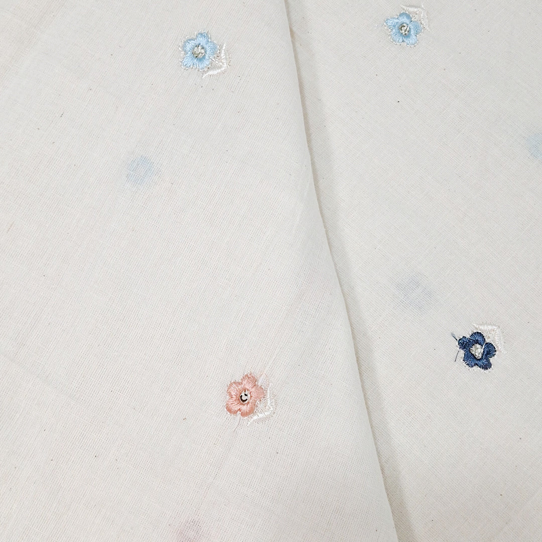 Kora Cotton With Multi Colour Small Floral Embroidery work |  Soft Handloom Look | Ideal for Kurtis, Blouses & Dupattas