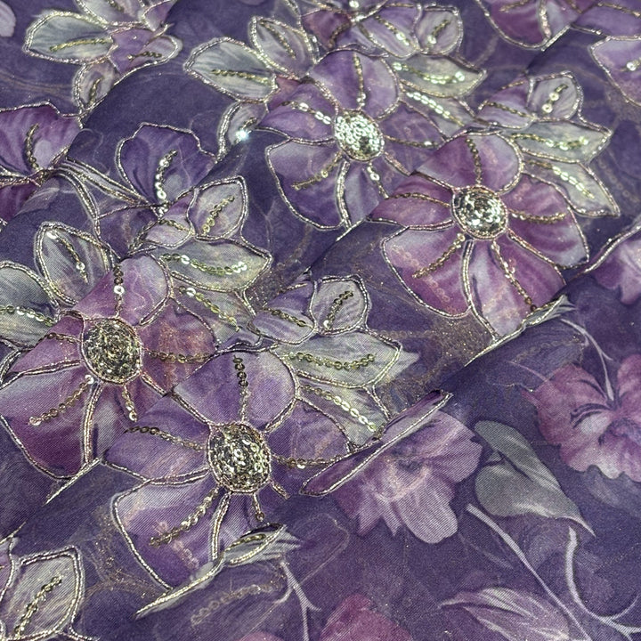 Lavender Plum Organza Embroidered Fabric