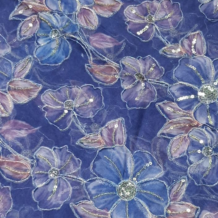 Royal Blue Elegant Organza Embroidered Fabric